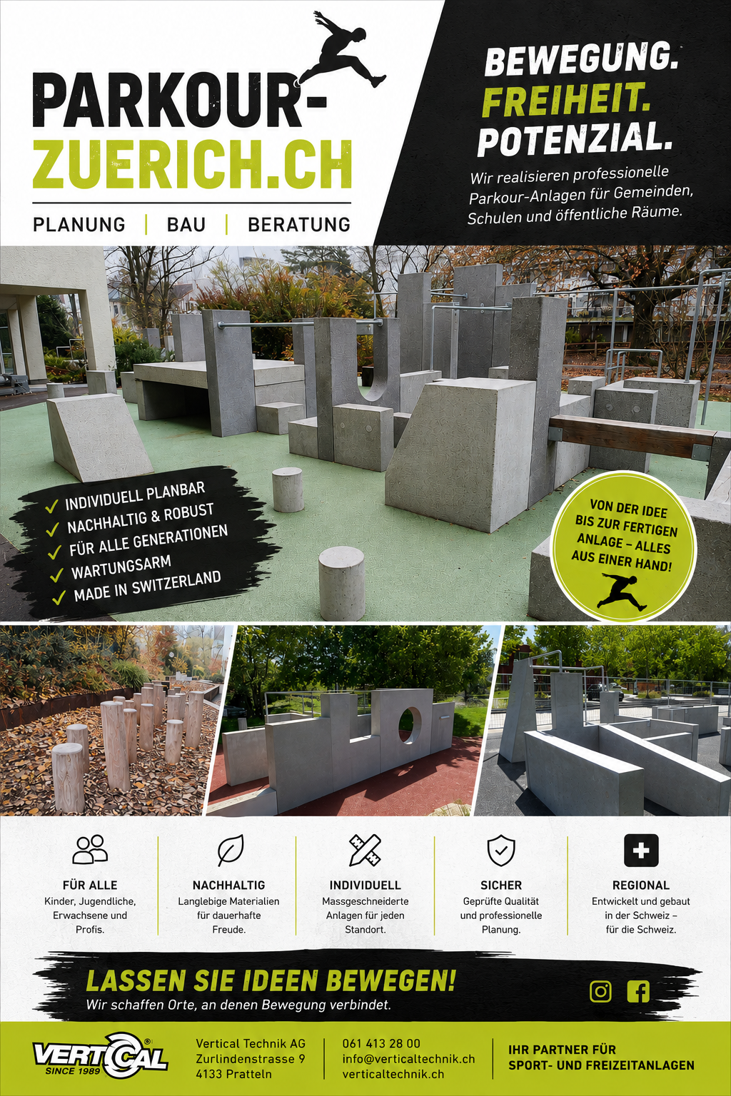 Kundenflyer Parkour Zürich – Planung, Bau und Beratung durch Vertical Technik AG